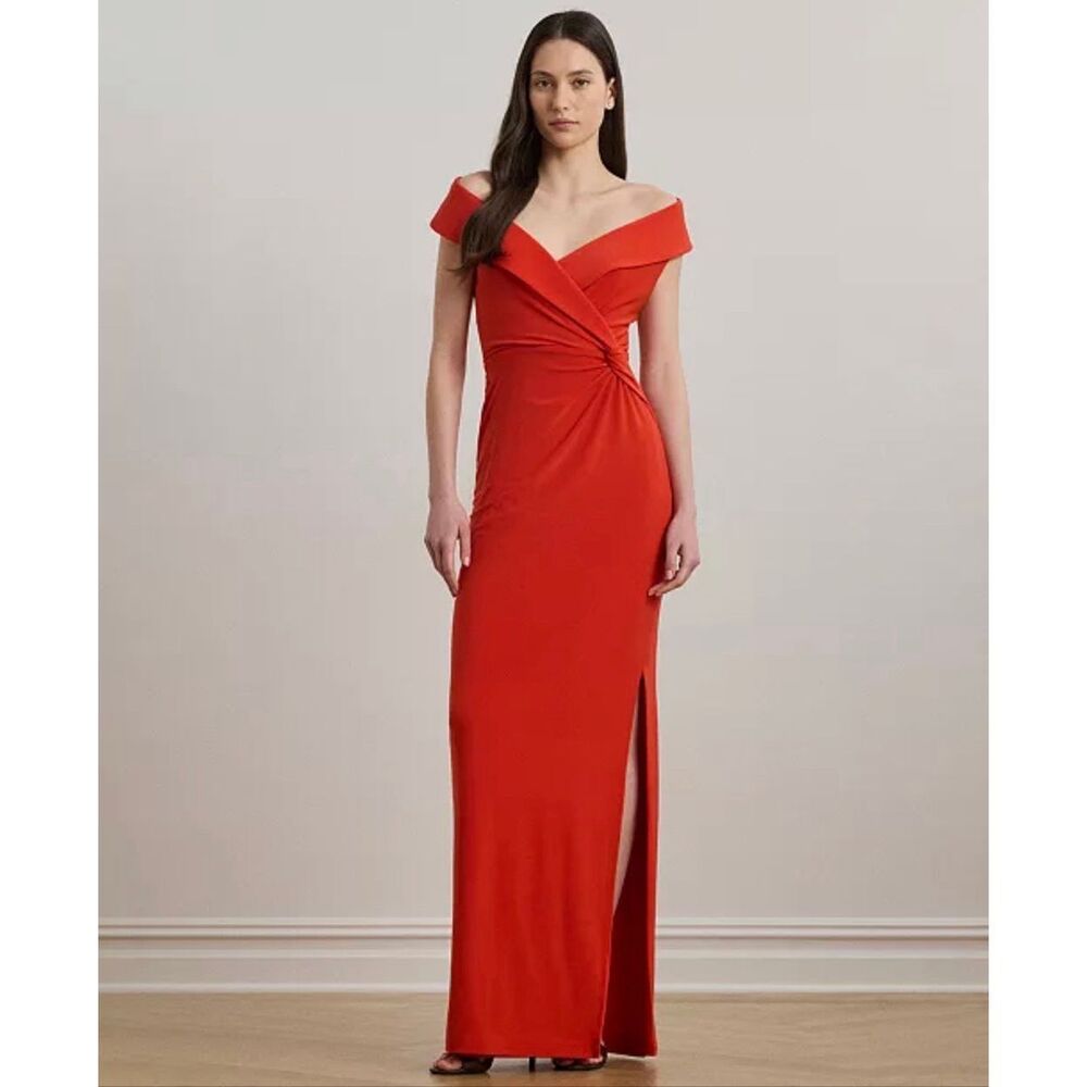 Lauren Ralph Lauren Elegant Jersey Off-the-Shoulder Gown Bright Red 12